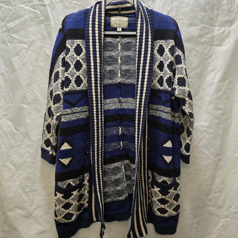 Lucky Brand Women's Blue Geometric Pattern Long Open Front Cardigan Sweater L XL